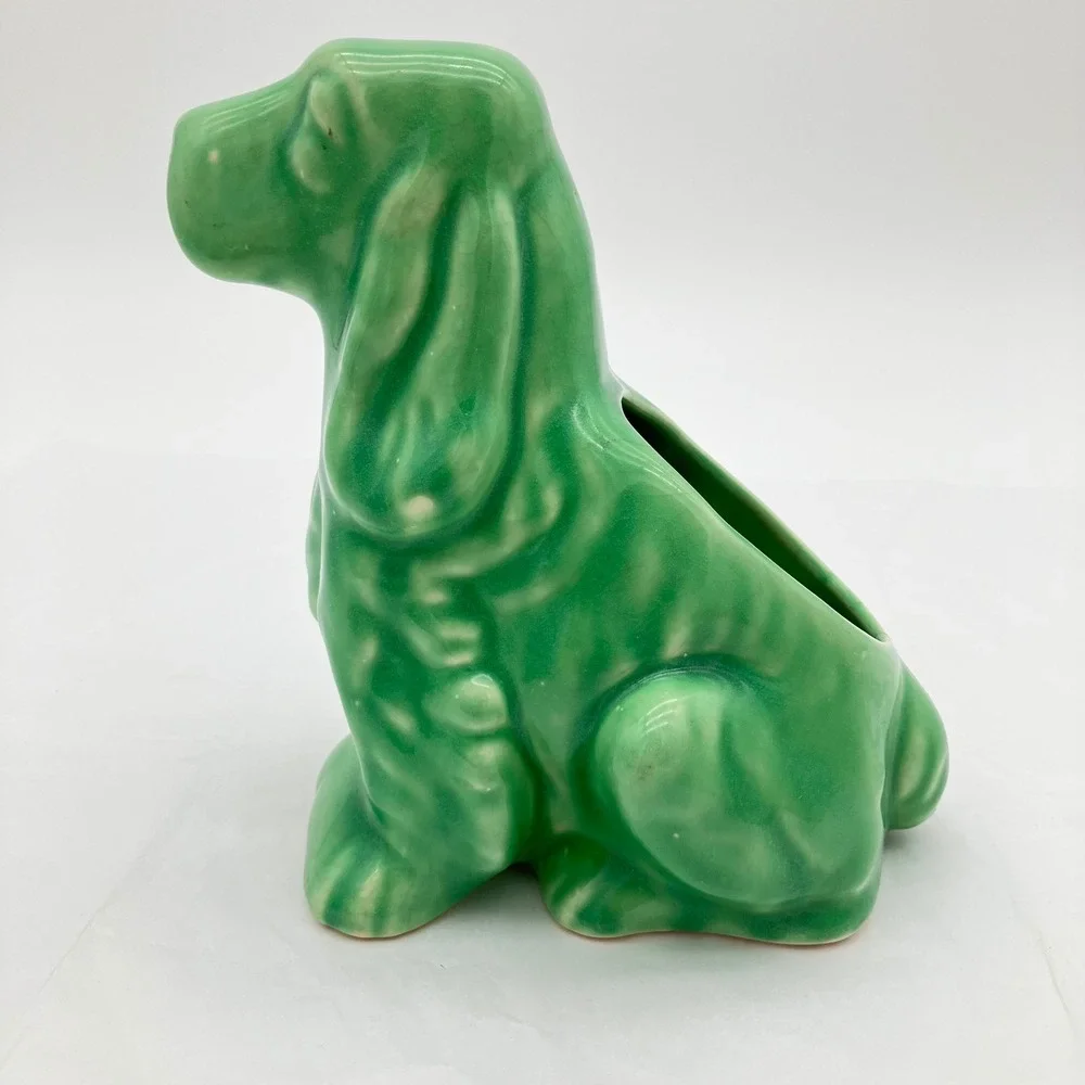 Planter Cocker Spaniel Vintage 6.5in Green Drip Glaze Dog Vase